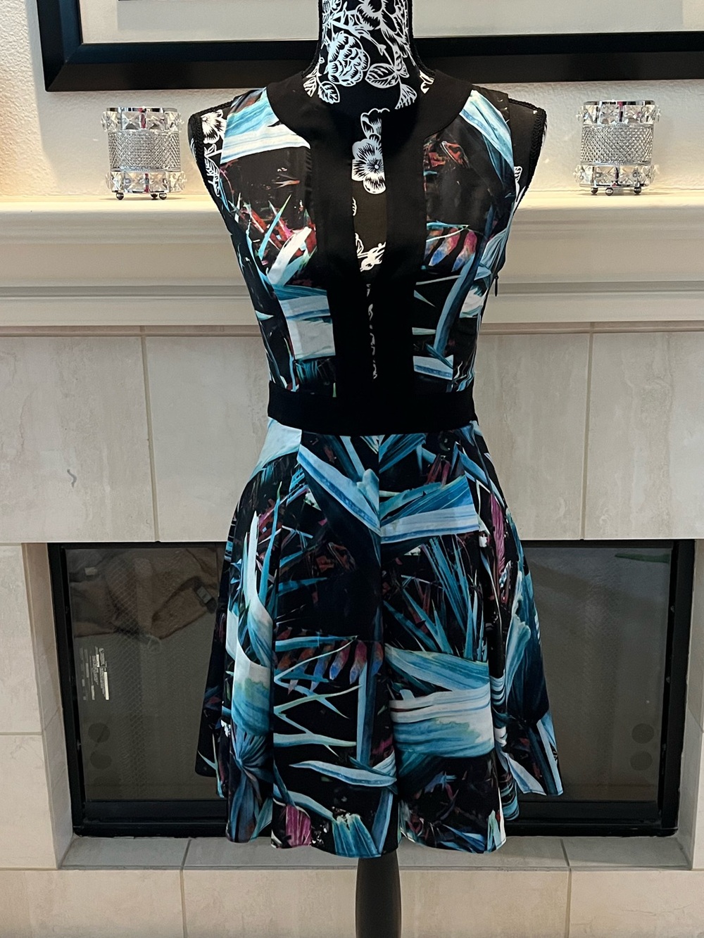 Vintage Bebe black Abstract Print Fit-and-Flare Dress with Blue Accents